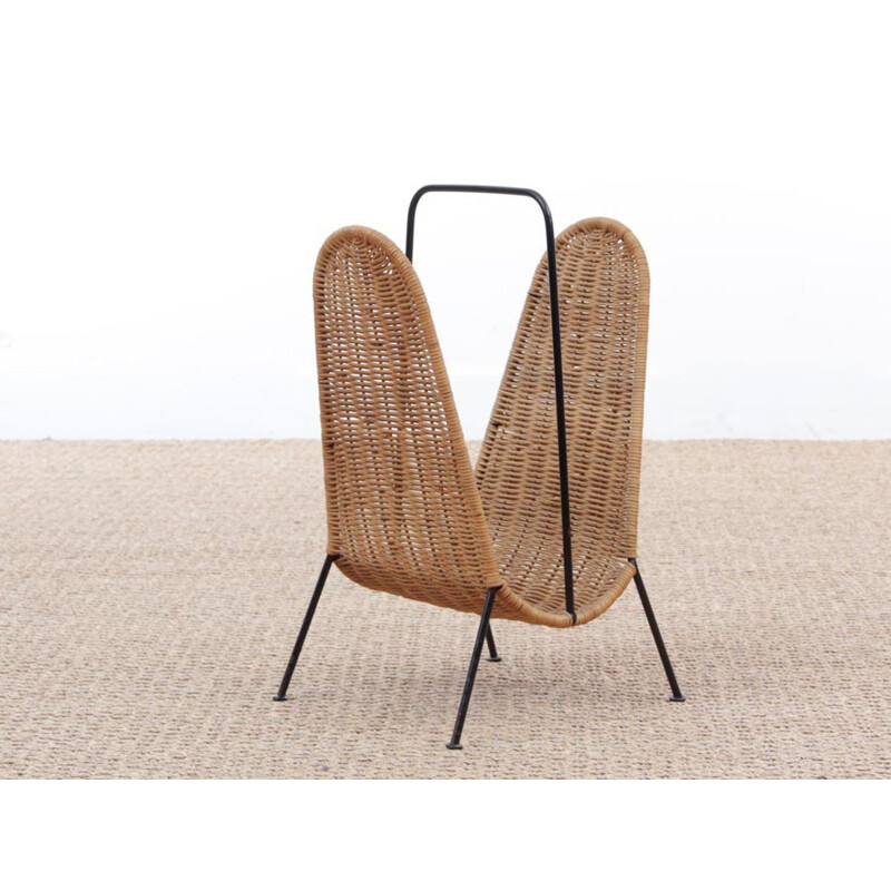 Vintage Scandinavian rattan magazine rack - 1960s