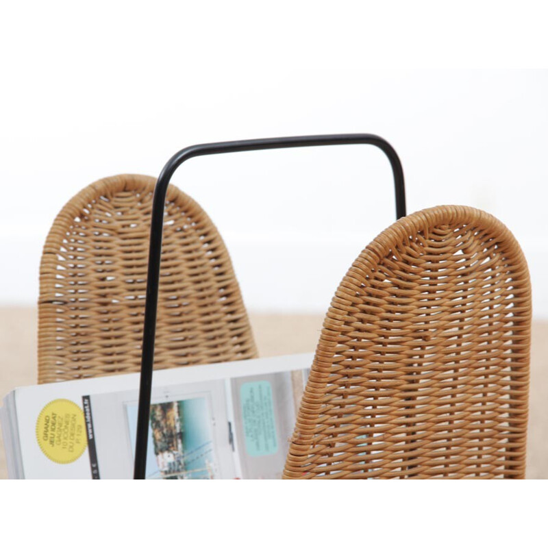 Vintage Scandinavian rattan magazine rack - 1960s