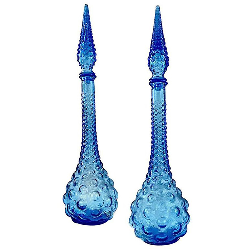 Pair of Murano Italian blue glass vases with clear bubbles - 1970s