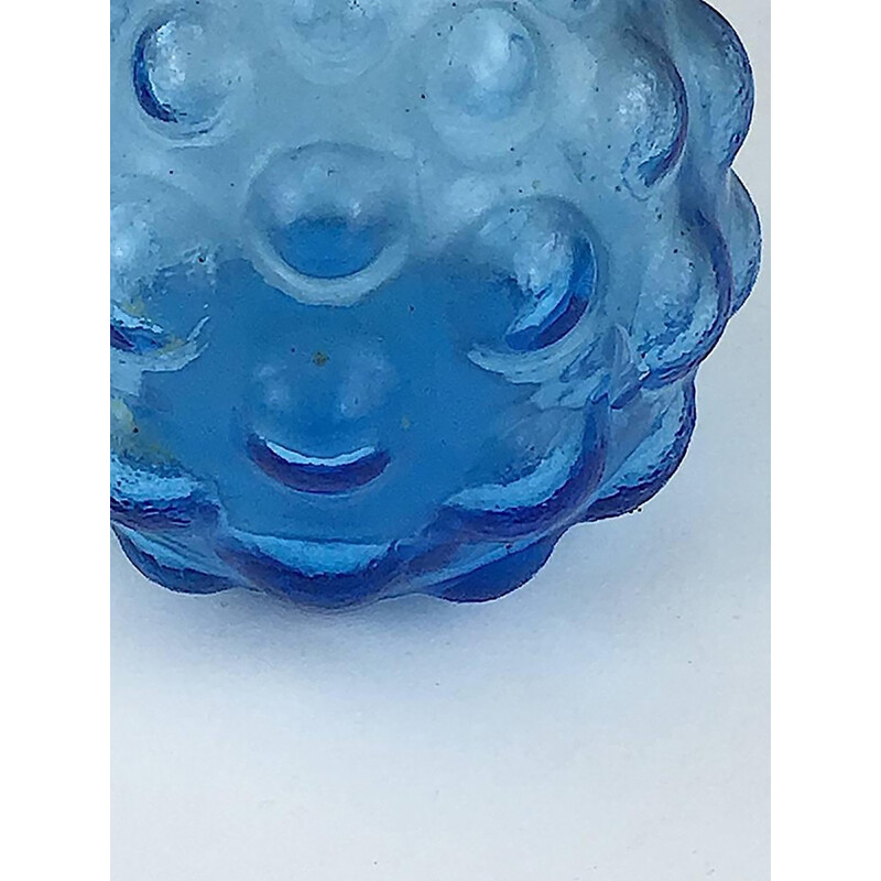 Pair of Murano Italian blue glass vases with clear bubbles - 1970s
