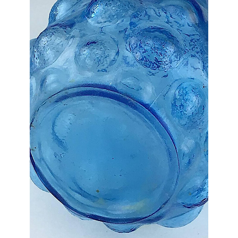 Pair of Murano Italian blue glass vases with clear bubbles - 1970s