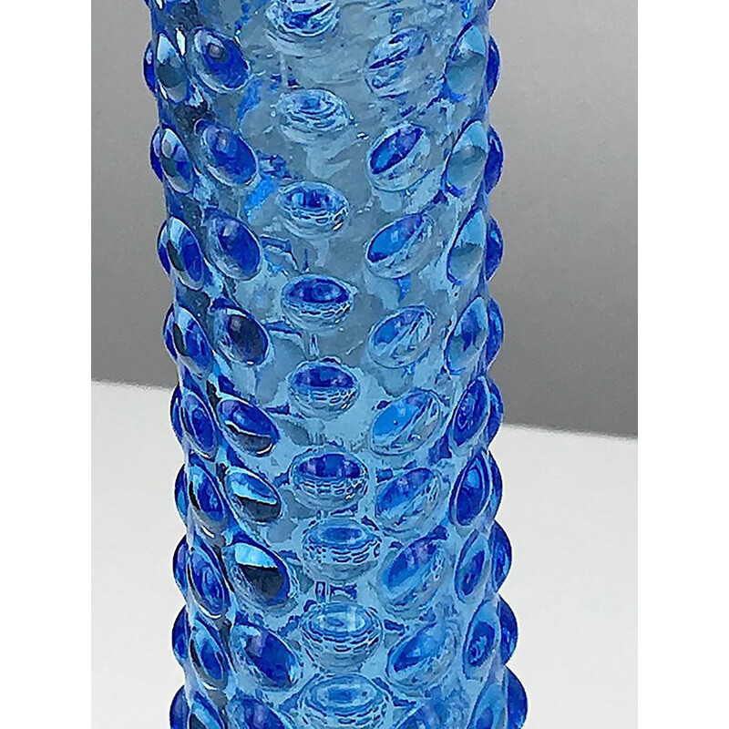 Pair of Murano Italian blue glass vases with clear bubbles - 1970s