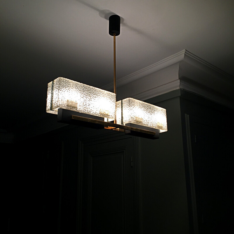 Vintage chandelier by Arlus in gold metal and Pespex - 1960s