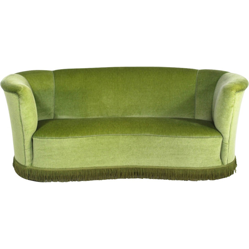 Vintage Curved Danish Green Velour Sofa - 1950s