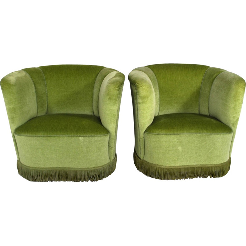 Set of 2 Danish Green Velour armchairs - 1950s