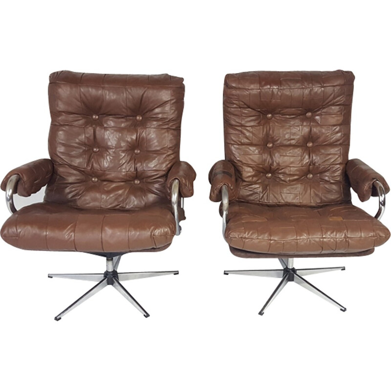 Set of 2 Vintage Leather Swivel armchair - 1970s