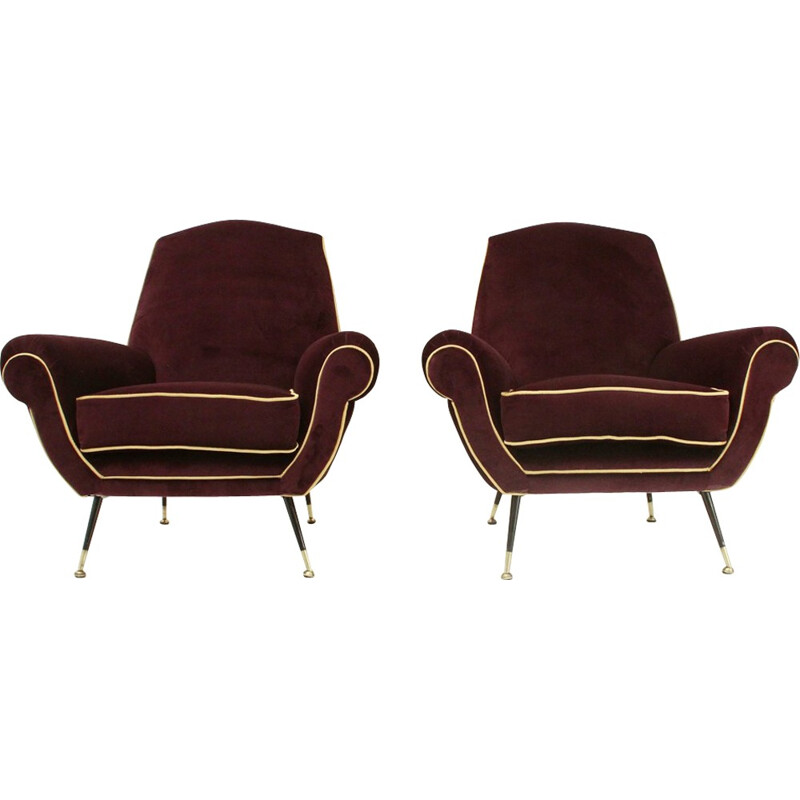 Set of 2 Italian vintage Velvet armchairs - 1950s