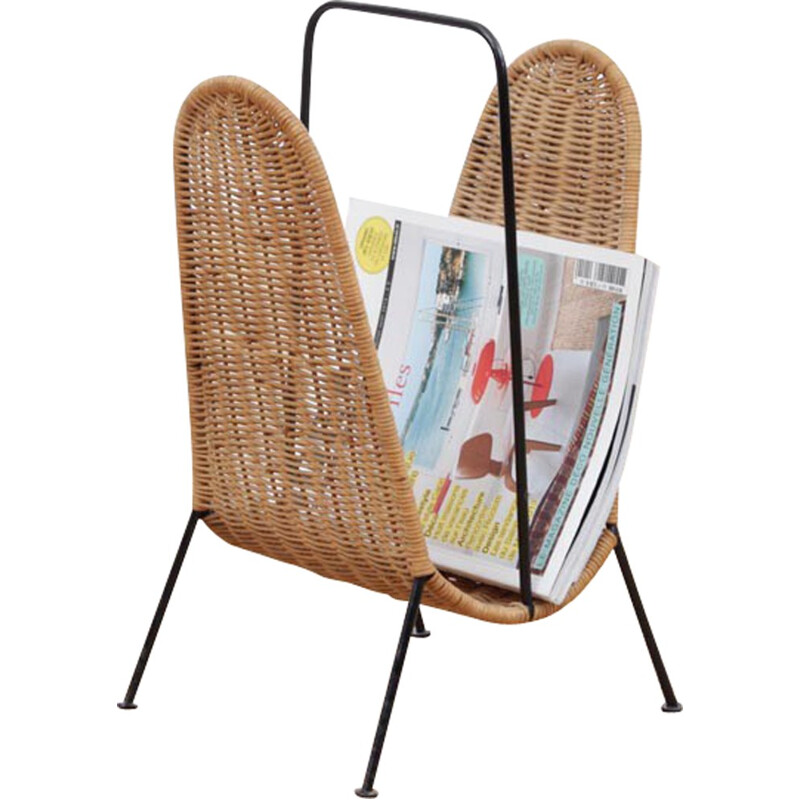 Vintage Scandinavian rattan magazine rack - 1960s