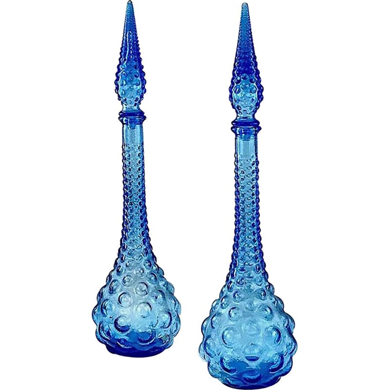 Pair of Murano Italian blue glass vases with clear bubbles - 1970s