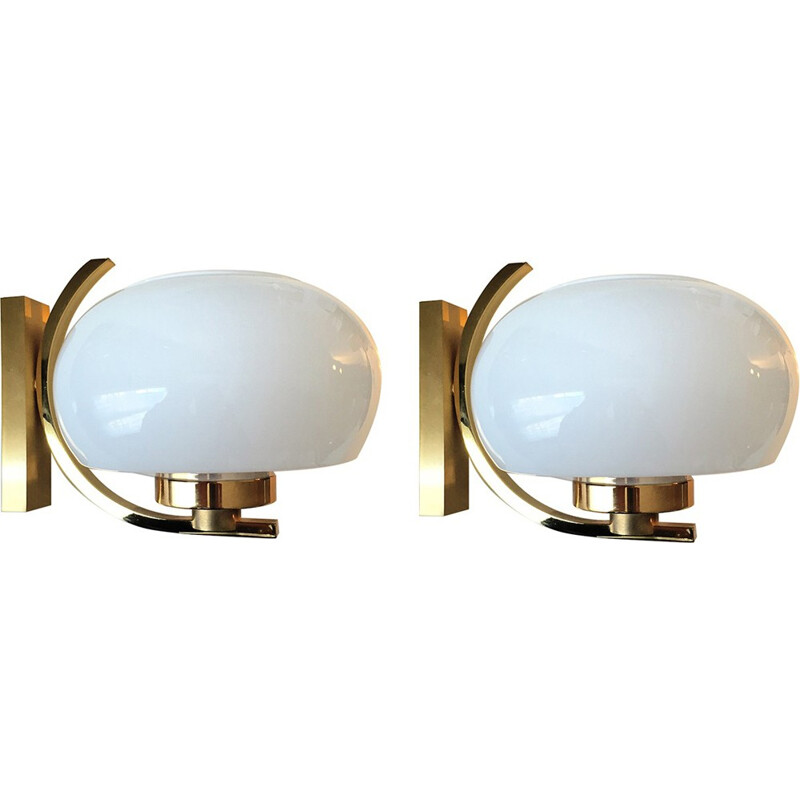 Pair of brass and opaline wall lamps by Arlus - 1960