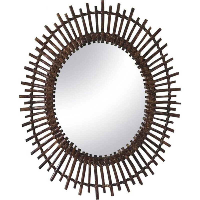 Vintage ovale spiegel in sunburst rotan, Spanje 1960