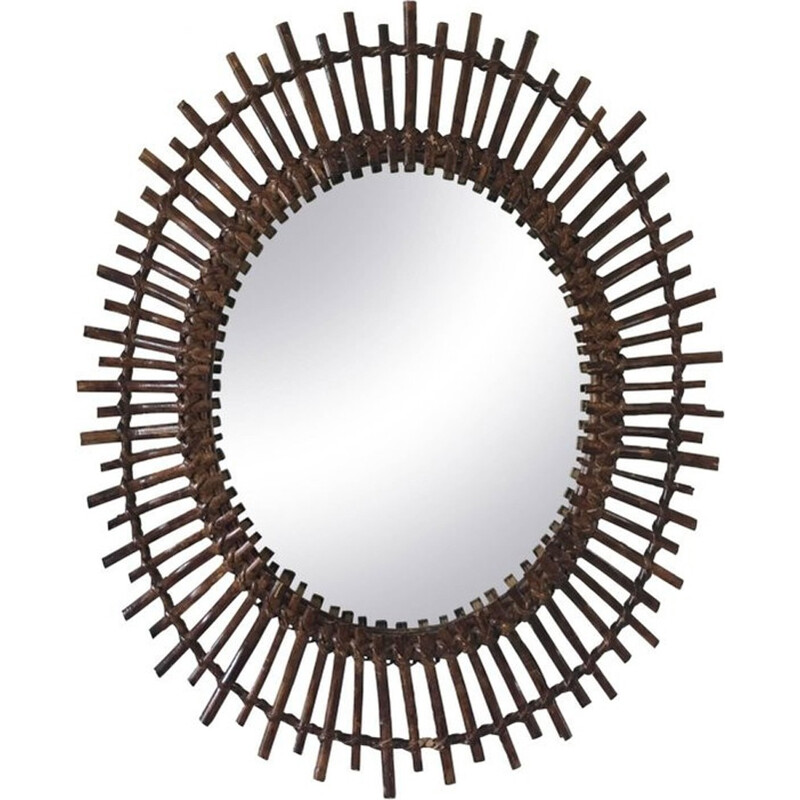 Vintage sunburst rattan oval mirror, Spain 1960