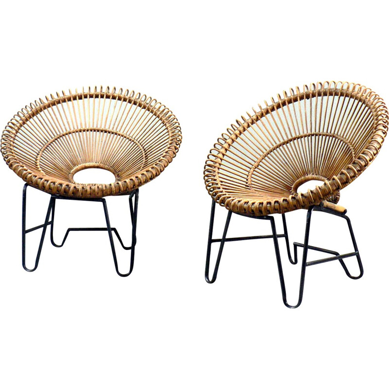 Vintage pair of rattan armchair - 1950s