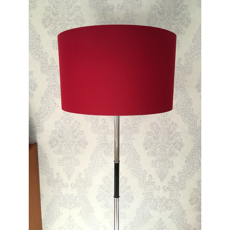 Vintage floor lamp in chromed metal with a burgundy lampshade - 1960s