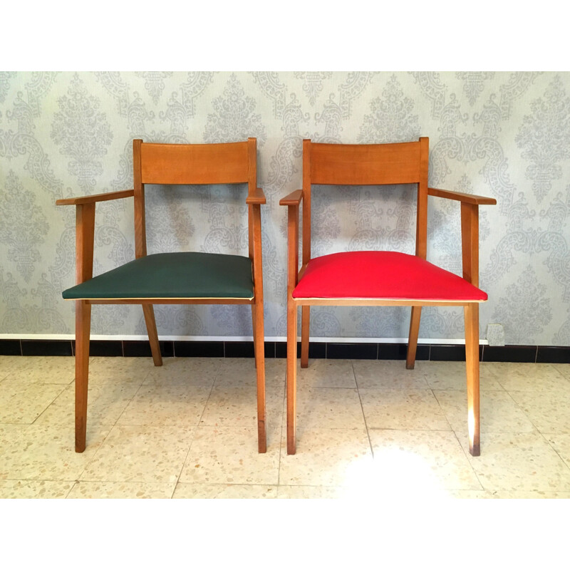 Suite de 4 fauteuils vintage en hêtre massif - 1950