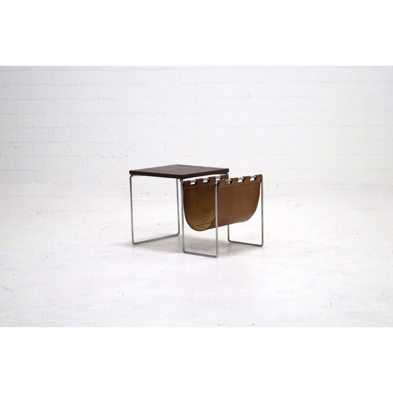 Side table with Magazine Rack with Leather & Chrome - 1970s