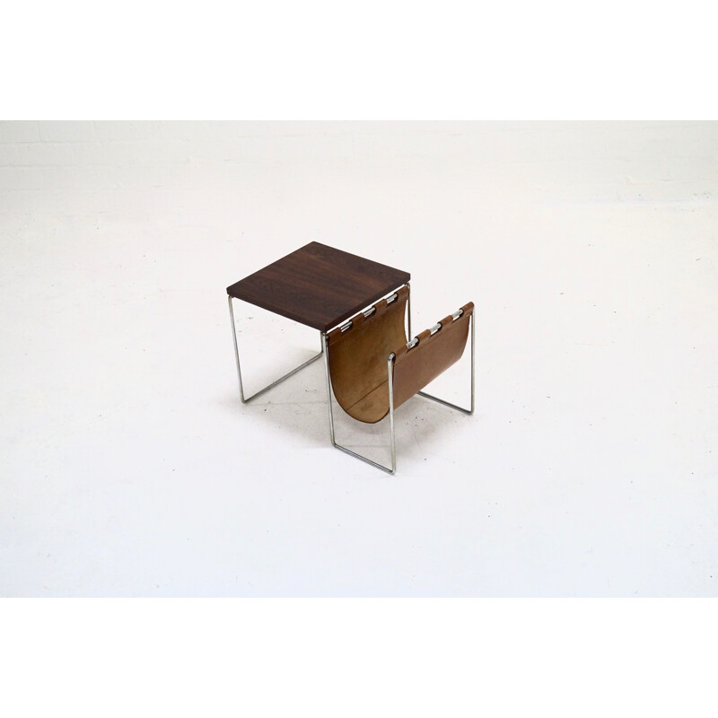 Table d'appoint avec Porte-revues en cuir et chrome pour Brabantia - 1970