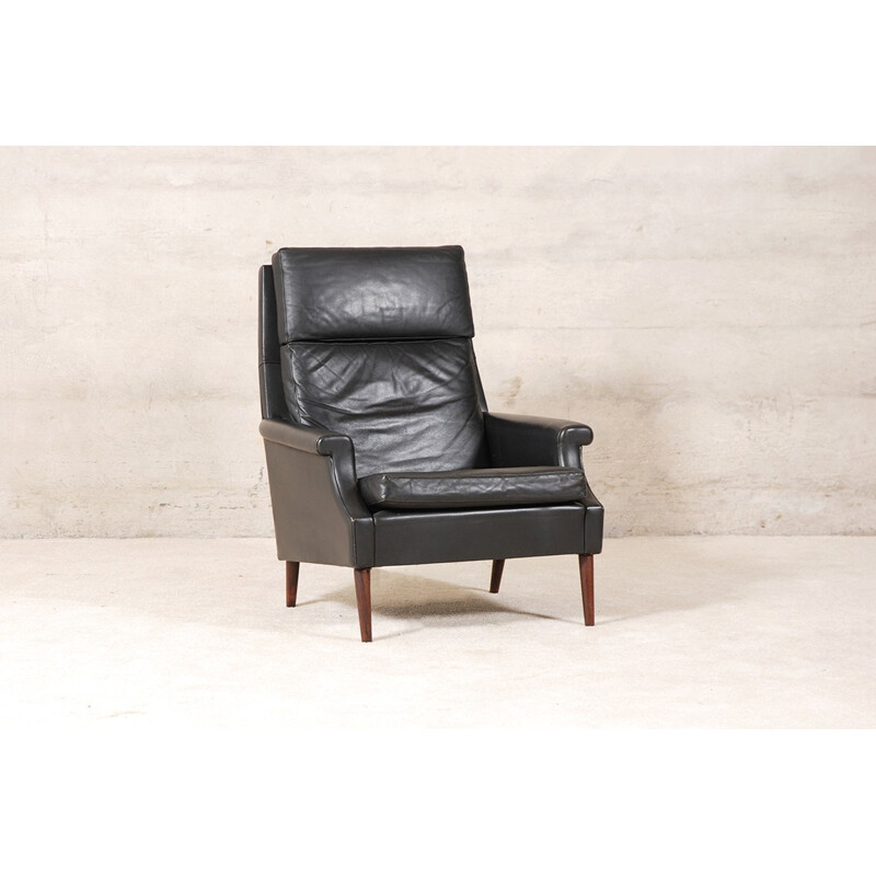 Scandinavian Black Leather Armchair - 1960s