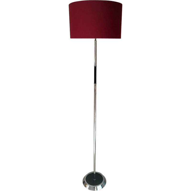 Vintage floor lamp in chromed metal with a burgundy lampshade - 1960s