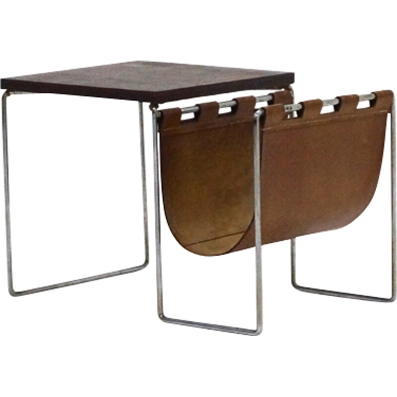 Side table with Magazine Rack with Leather & Chrome - 1970s