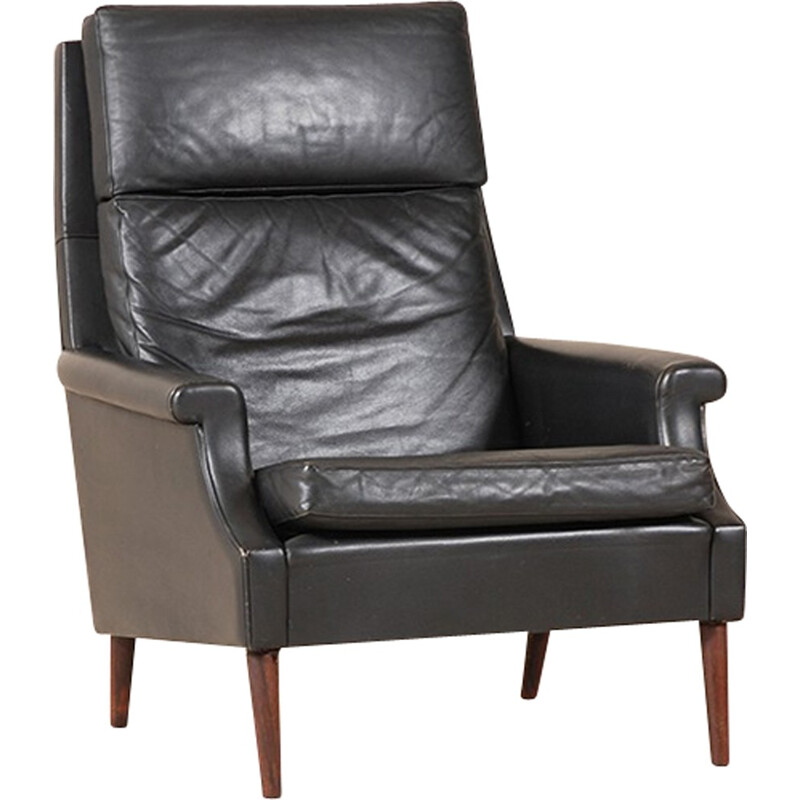 Scandinavian Black Leather Armchair - 1960s