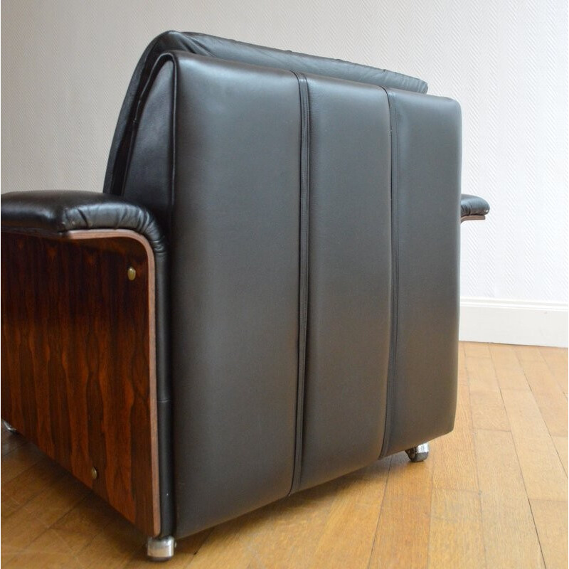 Pair of Danish Design Armchairs in leather and rosewood - 1960s