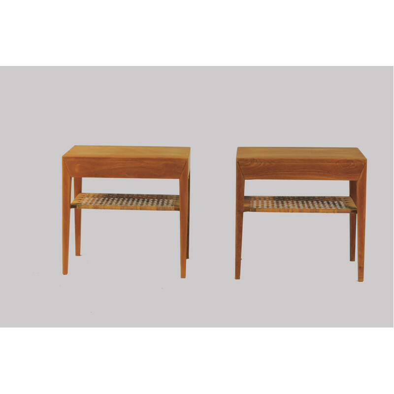 Pair of Nightstands in Teak and Cane by Severin Hansen for Haslev Mobelfabrik - 1950s