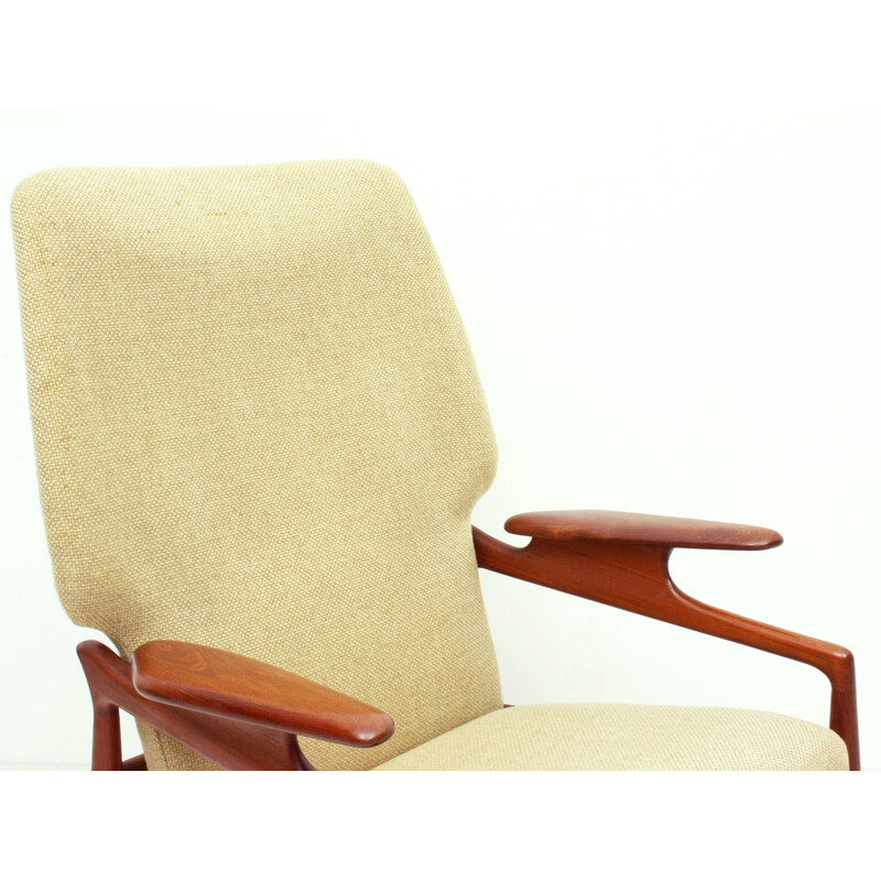 US Reclining Teak & Wool Fabric Lounge Chair - 1960s