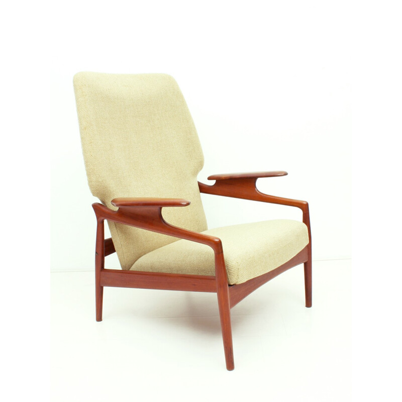 US Reclining Teak & Wool Fabric Lounge Chair - 1960s