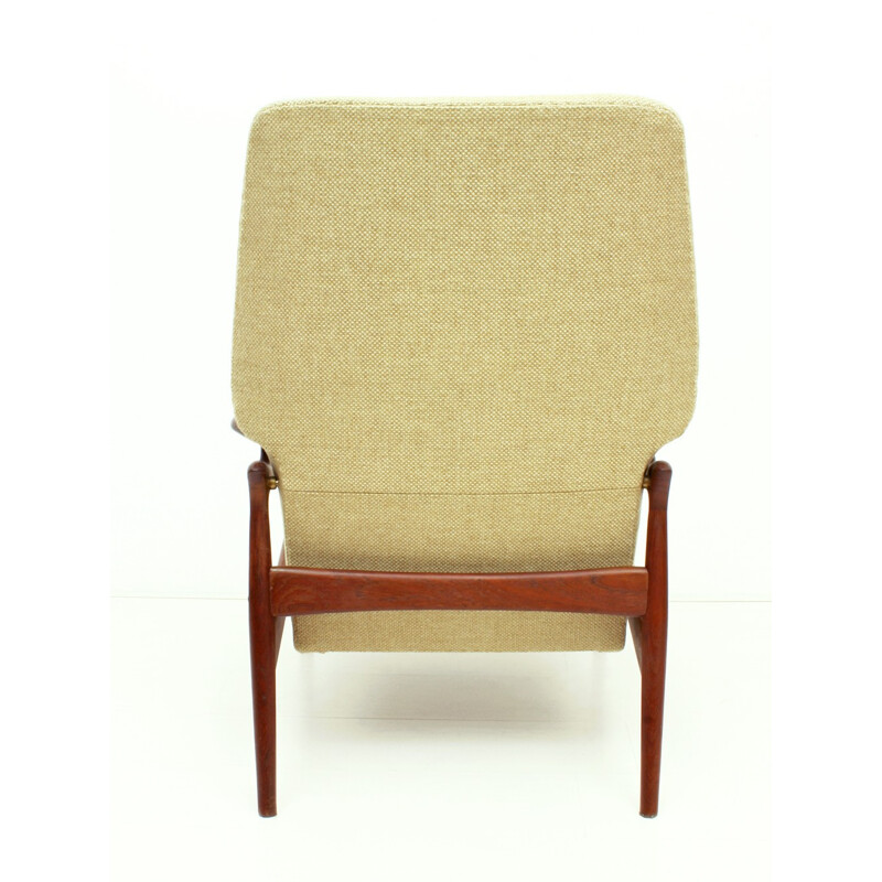 US Reclining Teak & Wool Fabric Lounge Chair - 1960s