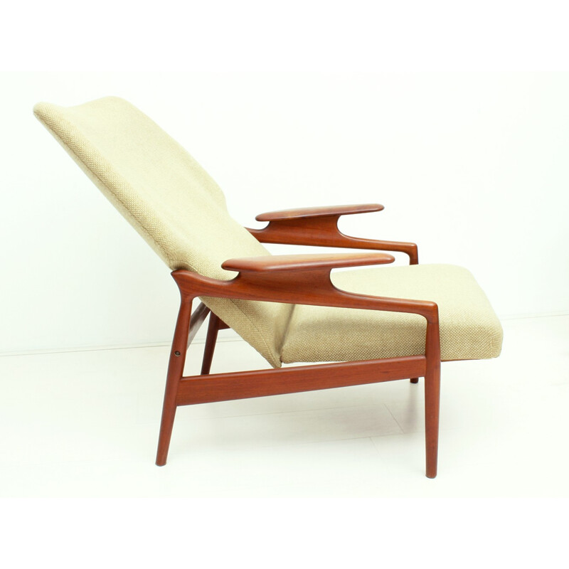 US Reclining Teak & Wool Fabric Lounge Chair - 1960s