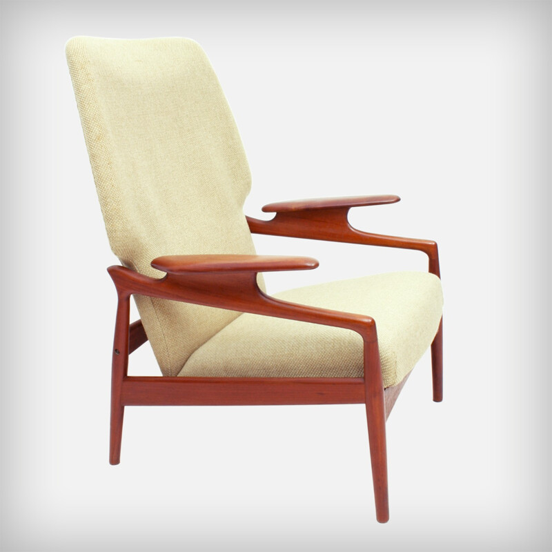 US Reclining Teak & Wool Fabric Lounge Chair - 1960s