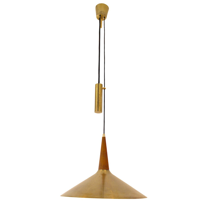 Hanging lamp made of veneer of teak and brass - 1960s