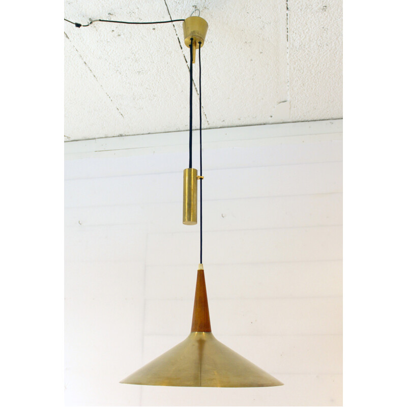 Hanging lamp made of veneer of teak and brass - 1960s
