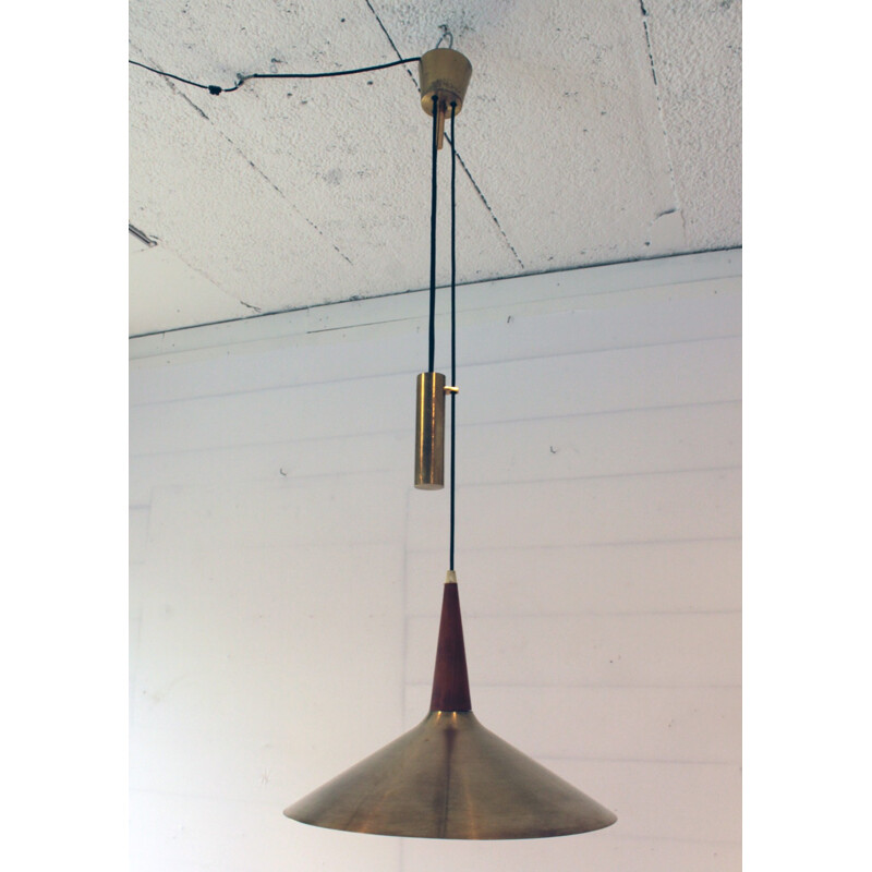 Hanging lamp made of veneer of teak and brass - 1960s