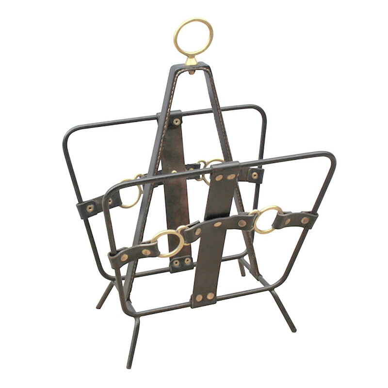 Leather and brass magazine rack by Jacques Adnet - 1960s