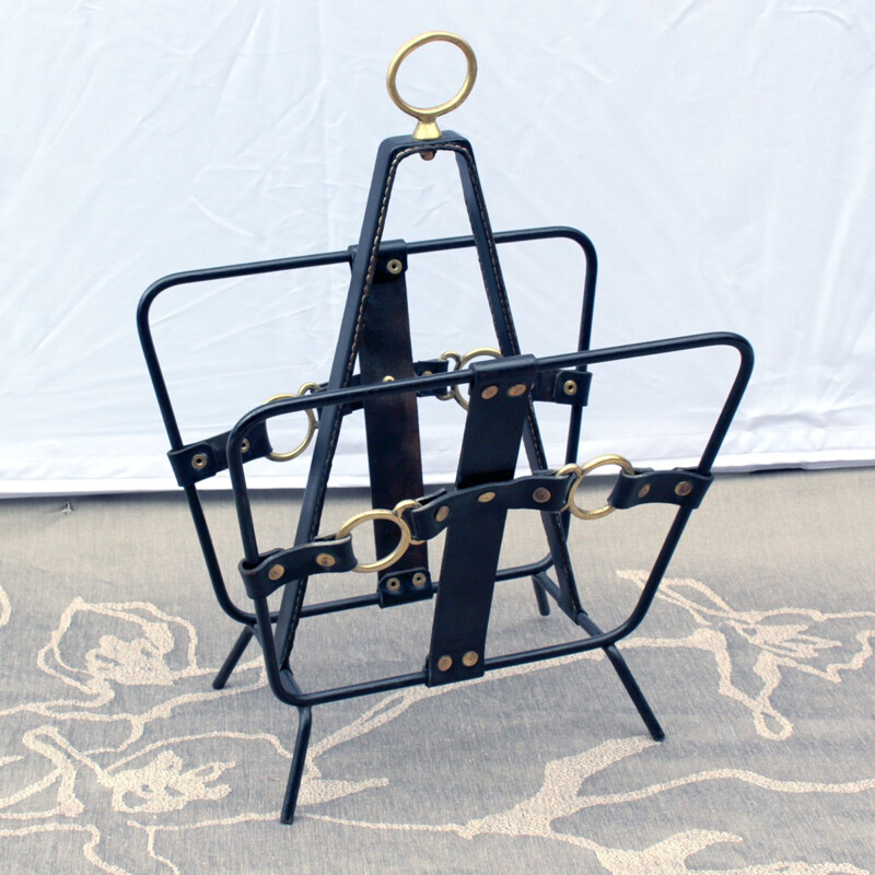 Leather and brass magazine rack by Jacques Adnet - 1960s