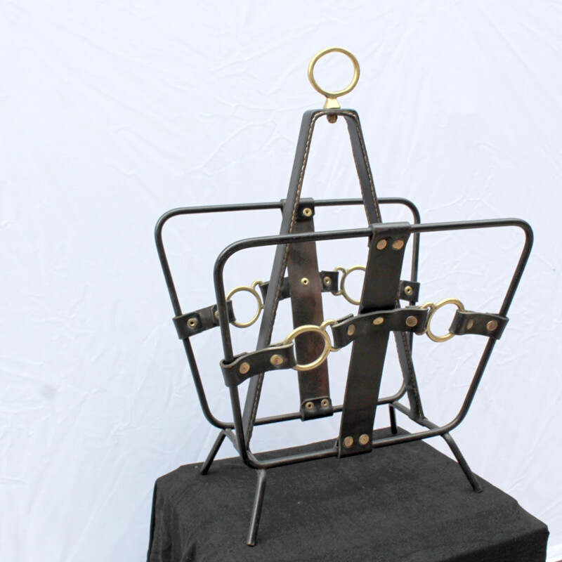 Leather and brass magazine rack by Jacques Adnet - 1960s