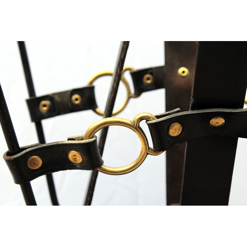 Leather and brass magazine rack by Jacques Adnet - 1960s