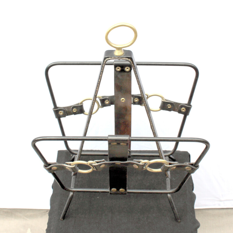 Leather and brass magazine rack by Jacques Adnet - 1960s