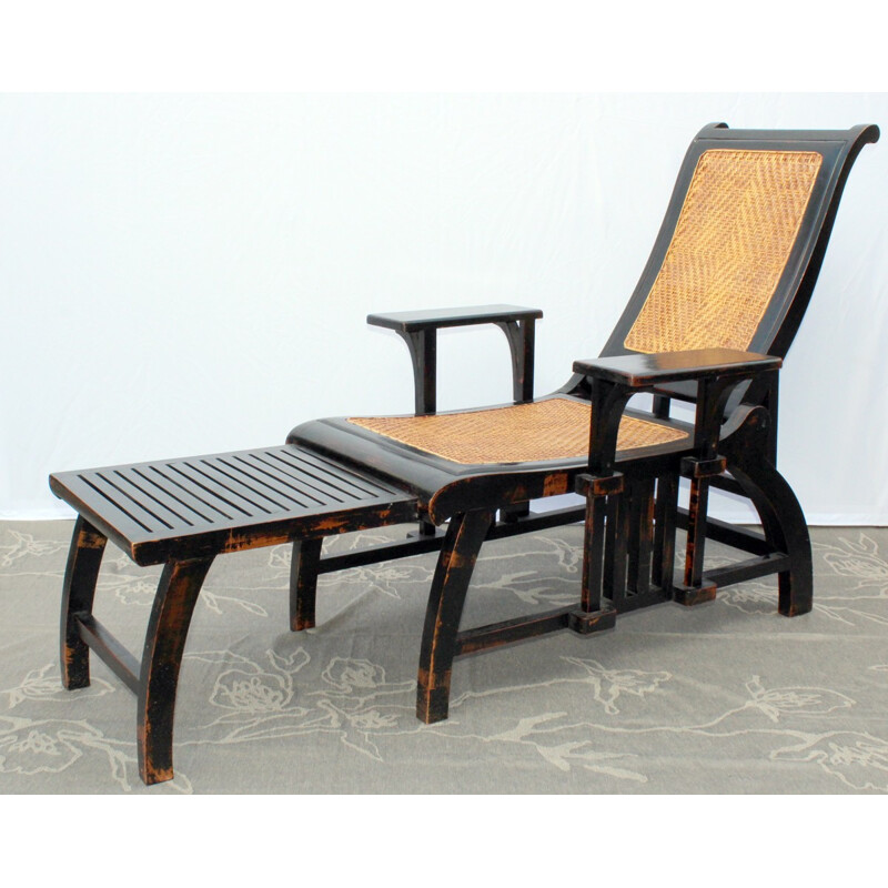 Chaise longue en bois teinté et rotin vintage - 1970