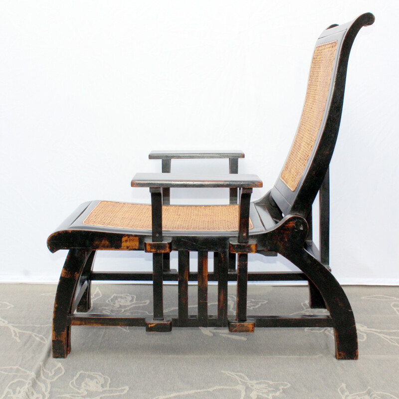 Long chair made of tinted wood and rattan - 1970s