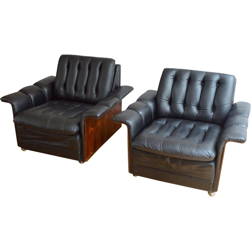 Pair of Danish Design Armchairs in leather and rosewood - 1960s