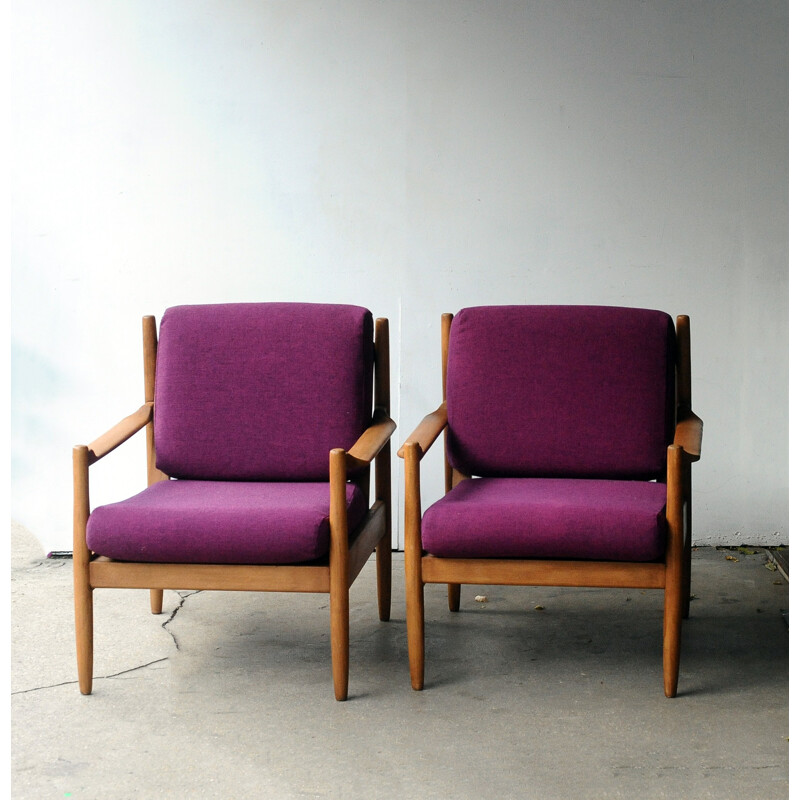 Pair of purple teak Scandinavian armchairs - 1960s