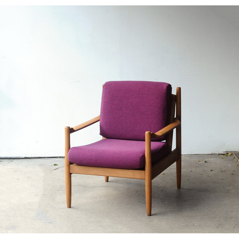 Pair of purple teak Scandinavian armchairs - 1960s