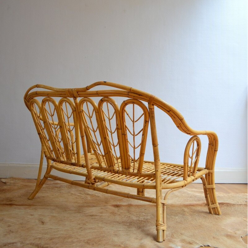 Banquette vintage belge bambou et rotin - 1960