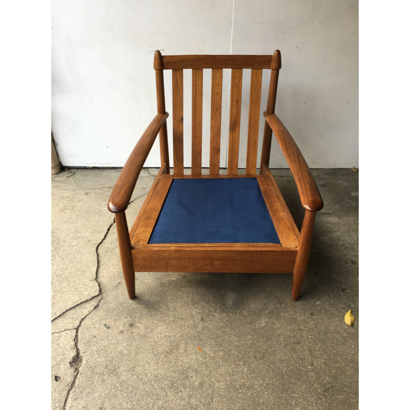 Vintage Scandinavian blue velvet and teak armchair - 1960s