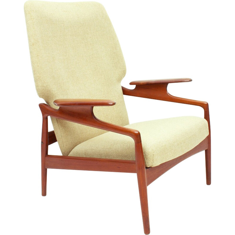 US Reclining Teak & Wool Fabric Lounge Chair - 1960s