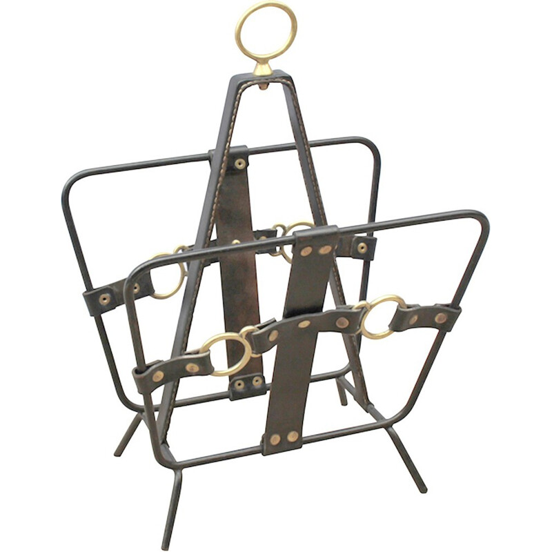 Leather and brass magazine rack by Jacques Adnet - 1960s