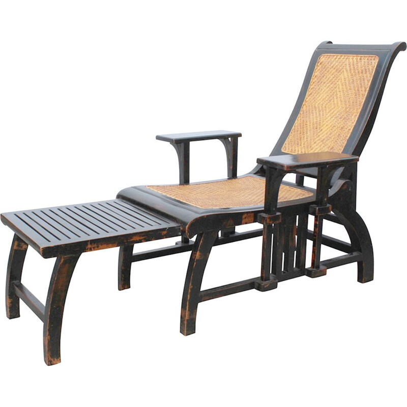 Chaise longue en bois teinté et rotin vintage - 1970